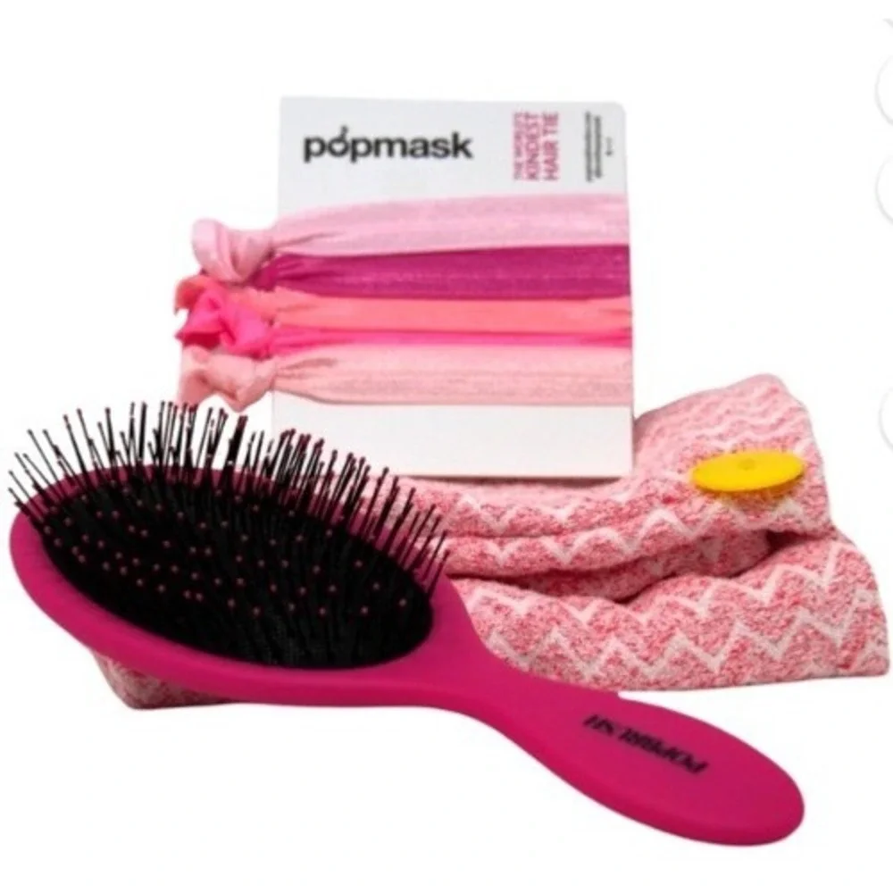 Popmask Love Your Hair Ultimate Set Pink Detangling Brush‎ Turban Hair Ties NEW